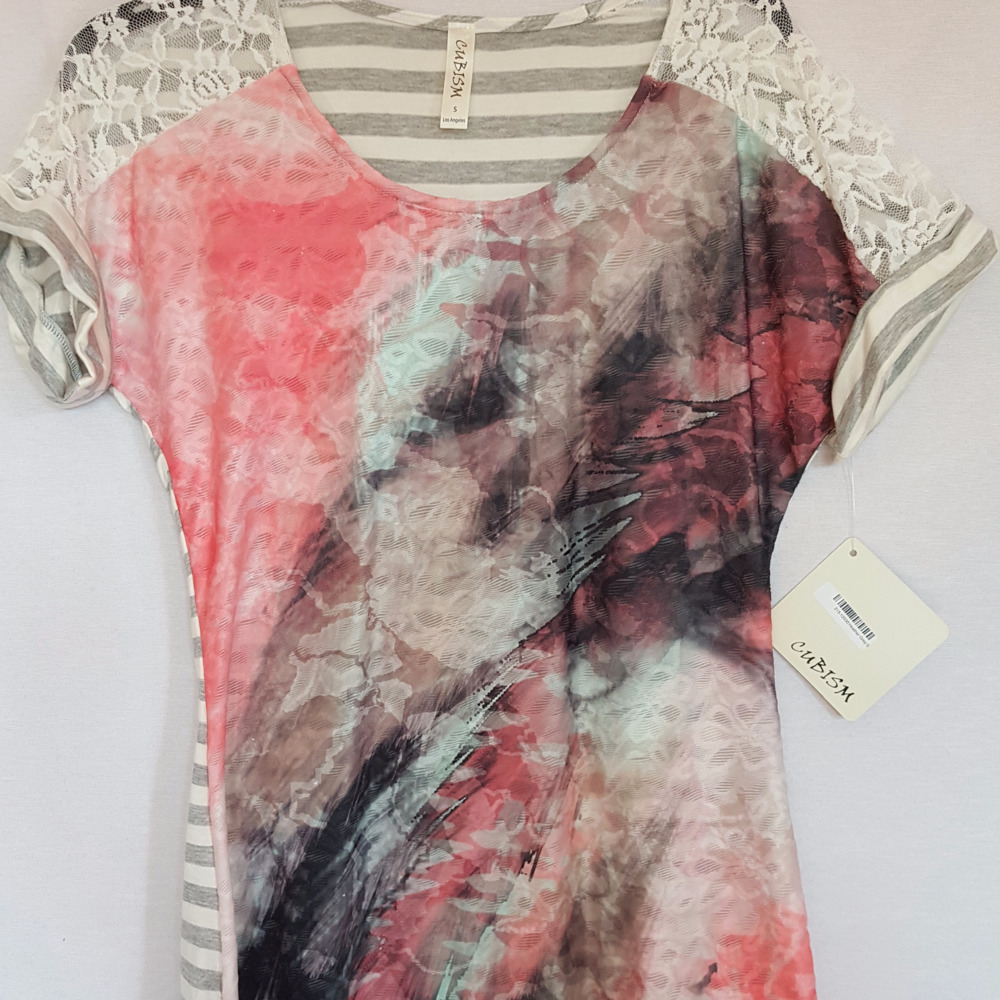 Cubism‎ LACE DETAIL ABSTRACT PRINT Top - Picture 2 of 2
